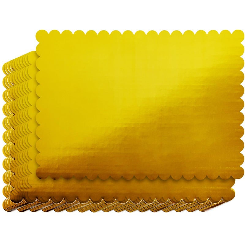 Sparkle and Bash Cake Board Rectangle - 10 x 14 in, Gold, 12 Pack - Quarter Sheet Cake Board for Cupcakes & Scalloped Gold Foil Bases - Image 1